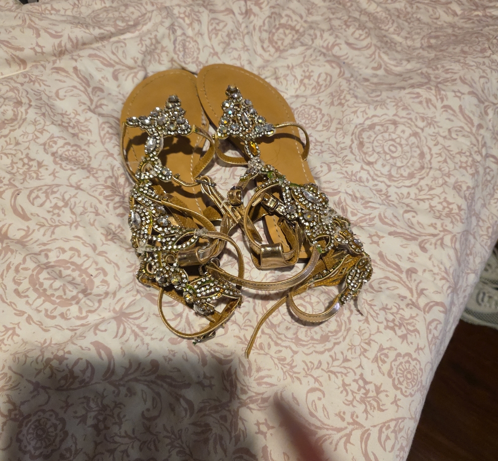Gold Jeweled Lace-Up Women's Sandals